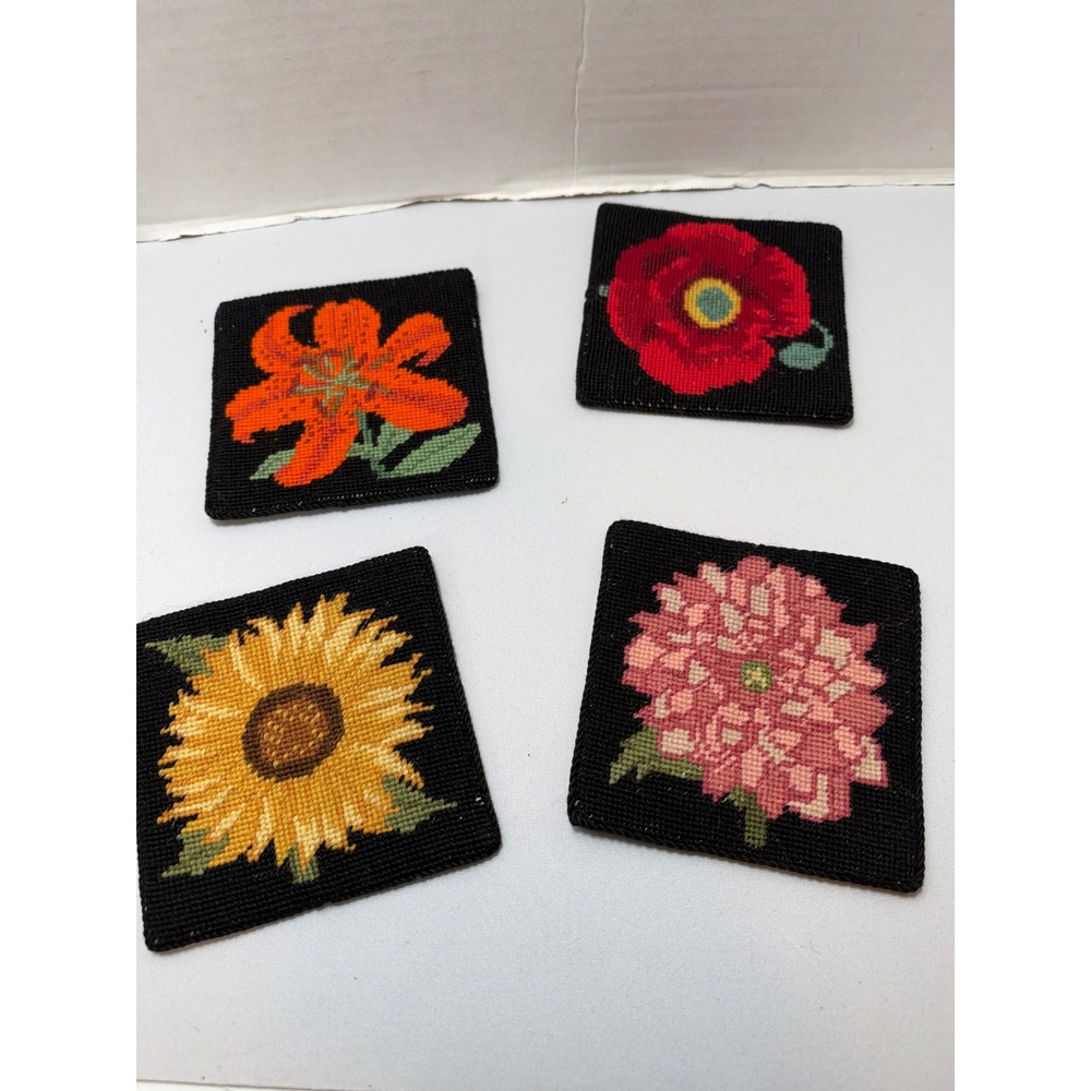 Vintage Handmade Coasters Black Floral Needlepoint Petit Point Set of 4 4"
